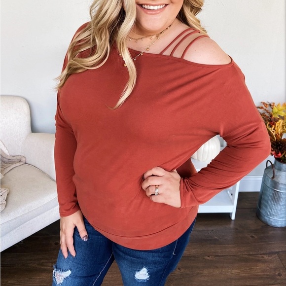 Something New Cold Shoulder Top- Soft Rust - Picture 2 of 12